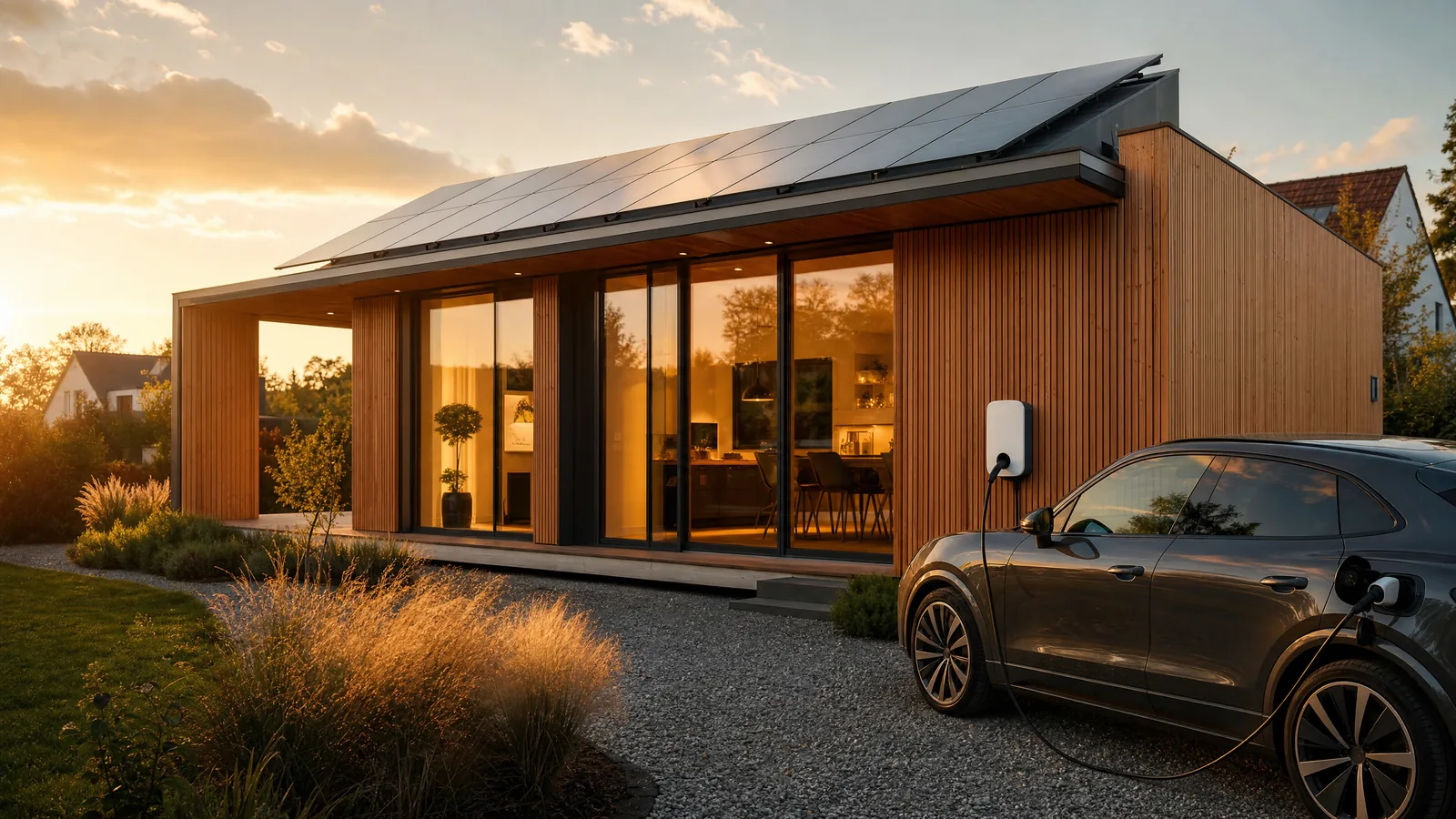 Modernes Holzhaus mit PV-Anlage und Wallbox