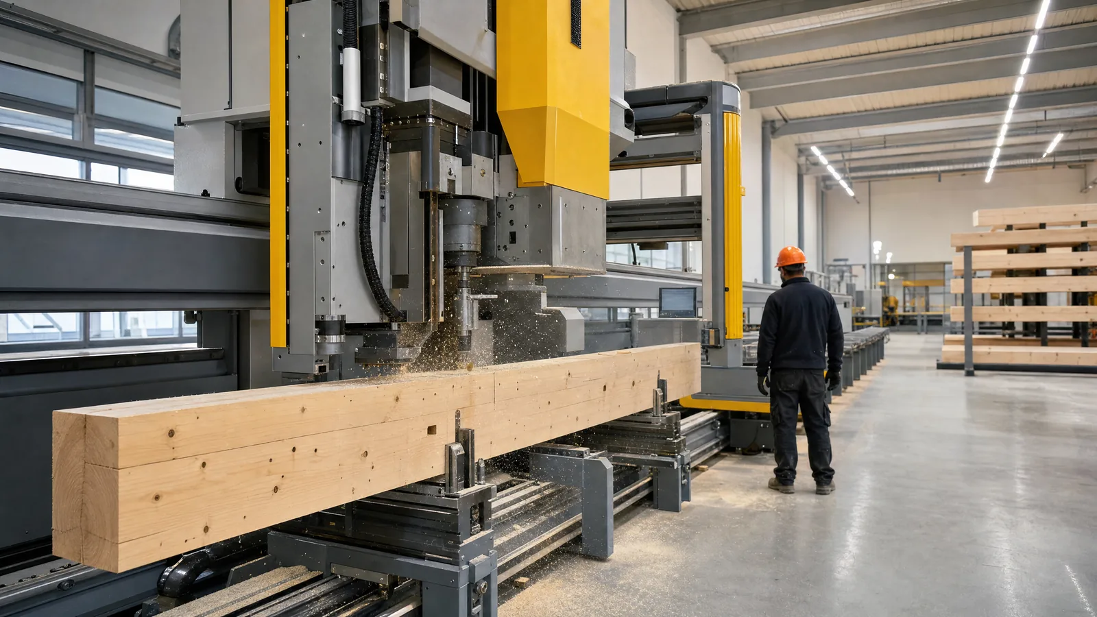 CNC-Vorfertigung Holzrahmen in der Werkhalle